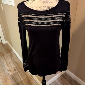 Free People Elegant Black Lace Trim Top Size Small